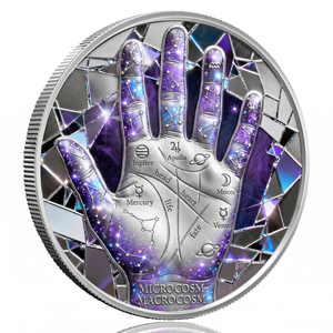 Médaille de défi plaquée cuivre 1 oz avec symboles d'astrologie, de palmaire et de mosaïque de verre teinté Galaxie Nébuleuse - Product Image 1