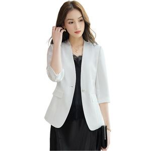 Women's Linen Blazer White Three Quarter Sleeve Collarless Summer Thin Style Elegant Petite Solid Color Breathable Suit - Product Image 5