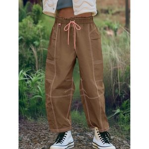 Pantalones Cargo Holgados para Mujer, con Cordón Ajustable, Cintura Elástica, Bolsillos, Color Marrón, Casuales, Transpirables, Cintura Alta - Product Image 3