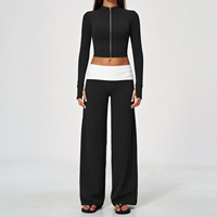 Veste courte zippée à manches longues pour femmes, pantalon évasé à taille pliante contrastée, ensemble deux pièces pour yoga et entraînement, 5 couleurs