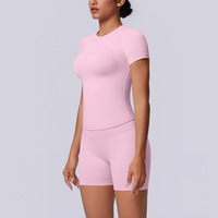 Pakaian Yoga 2 Potong Eropa Amerika Tanpa Jahitan Warna Solid Bernapas Ketat Elastis Tinggi Spandex/Nilon Anti Kusut