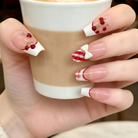 Faux ongles à presser en ABS transparent de forme cercueil, amovibles, avec motif cerise, nœud papillon et carreaux, pour femmes, manucure