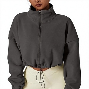 Women's Cropped <b>Fleece</b> <b>Jacket</b> Stand Collar Zip Up Full Sleeve Solid Color Autumn <b>Warm</b> Outerwear - Product Image 1