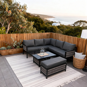 Conjunto de Muebles de Esquina para Exteriores, Estilo Costero Australiano, Estructura de Aluminio, Mimbre Sintético, Cojines Personalizables, Mesa de Centro, para Patio o Playa - Product Image 1