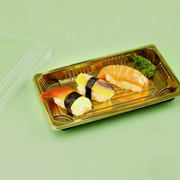 Plateau rectangulaire jetable en plastique pour sushis, boîte à pâtisserie et sandwichs dorée et noire, emballage alimentaire à emporter avec couvercle transparent