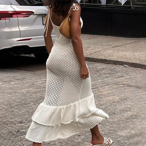 Womens Hollow Out Summer Tiered <strong>Long</strong> Bohemian U-Neck Illusion <strong>Slip</strong> Crochet Knit Dress - Product Image 6