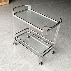 Chariot de table à roulettes en acrylique Barre à main servant des chariots à boissons Chariot de <span class=keywords><strong>bar</strong></span> en lucite à double couche de thé transparent à deux niveaux - Product Image 5