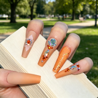 Ongles Press-On de Luxe Automne Orange Ombré Longs Forme Cercueil en ABS avec Strass 3D Motif Feuille d'Érable Mat Réutilisables