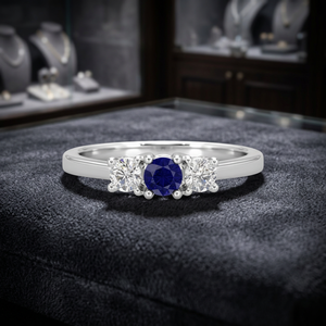 Bague de fiançailles en argent sterling S925 plaqué rhodium, saphir bleu naturel taille ronde, CZ de haute qualité, bague pour femme - Product Image 3
