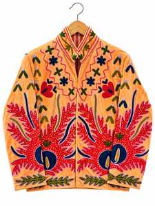 Elegant Orange <b>Velvet</b> Embroidered Solid Cotton Lining Bomber <b>Jacket</b> <b>Women</b> Handmade Ethnic Boho V-neck Long Sleeve Designer - Product Image 6