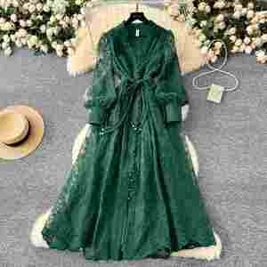 Vestido Midi de Mujer con Cuello V Romano Vintage, Tejido Sólido Ecológico, Transpirable, Corte A, Manga Linterna, Estilo Túnica Casual, Colección Primavera 2025 - Product Image 1