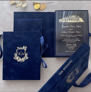 Invitations personnalisées en daim noir personnalisé boîtes de mariage en acrylique boîte de présentation doublée de velours feuille d'or avec pompon - Product Image 5