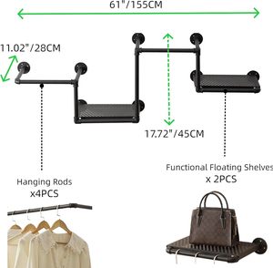 Perchero industrial de tubo con estantes flotantes, 2 barras colgantes, perchero de <span class=keywords><strong>pared</strong></span>, <span class=keywords><strong>barra</strong></span> de ropa de hierro de alta resistencia - Product Image 4