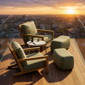Ensemble de salon de jardin en bois avec chaises rembourrées et table ottoman pour balcon - Product Image 1