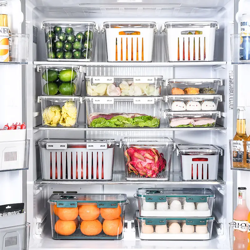 ShengBangキッチン透明冷蔵庫フレッシュキーピング2層ドレンボックスオーガナイザーバスケット、蓋付きプラスチック製食品貯蔵容器