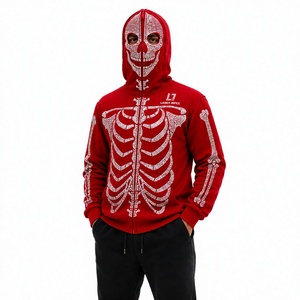 Men’s Red Rhinestone Skeleton Hoodie <b>Jacket</b> with Full Zip Balaclava Mask Crystal Skull Bone Design <b>Gothic</b> Hip Hop Streetwear OEM - Product Image 1