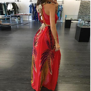 Della signora di stampa <span class=keywords><strong>Rosso</strong></span> Floreale Cut-Out Halter Maxi <span class=keywords><strong>Abito</strong></span> In Chiffon di Alta Fessura Vestito Da Estate di Vacanza tie chiusura dettaglio banchetto di notte vestito - Product Image 6