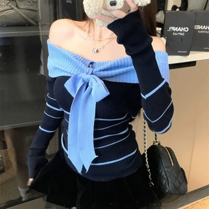 Customizable Elegant <b>Off</b>-Shoulder Women's Sweaters Anti-Wrinkle Color Block <b>Striped</b> Tops Bow Breathable for Winter Front - Product Image 5