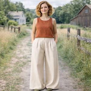 Pantaloni da Donna su Misura a Gamba Larga in <span class=keywords><strong>Lino</strong></span> Colore <span class=keywords><strong>Beige</strong></span> Abbigliamento Femminile Fornitore di Abbigliamento di Qualità - Product Image 3