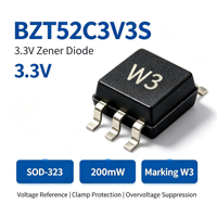 Nouvelle Diode Zener BZT52C3V3S 3.3V 200mW SOD-323 Marquage W3 SMD Régulateur de Tension Diode de Protection Contre les Surtensions Chine