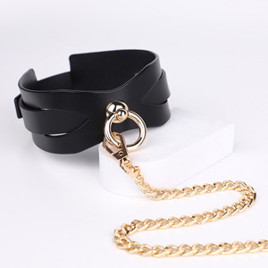 Ensemble de contraintes en cuir <span class=keywords><strong>BDSM</strong></span> <span class=keywords><strong>vintage</strong></span>-menottes et collier en plaqué or en cuir de vachette de qualité supérieure avec laisse détachable - Product Image 1