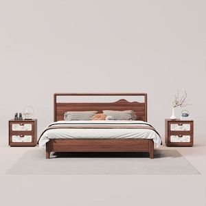 Cama moderna minimalista de madera maciza de nogal negro de 1.8 m con base de almacenamiento alta, cama doble para dormitorio principal - Product Image 1