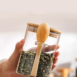 Bocaux en verre borosilicate transparent de plusieurs tailles avec cuillère en bois et couvercle hermétique en bambou et silicone pour fruits secs - Product Image 4