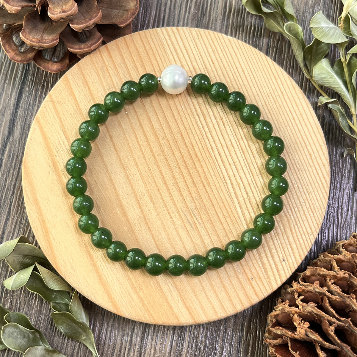 Bracelet élastique en perles de jade de perle et de Taiwan - Vert