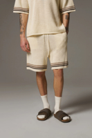 Ensemble short et t-shirt à manches courtes en coton avec poche en maille vintage personnalisé pour hommes, épaule tombante contrastée, tricot au crochet, rayure et tennis