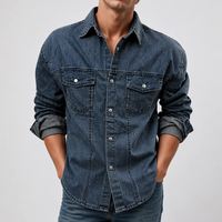 Kemeja Denim Dark Wash Pria Vintage Kancing Jepret Lengan Panjang Kemeja Kerja Western OEM ODM Custom Grosir