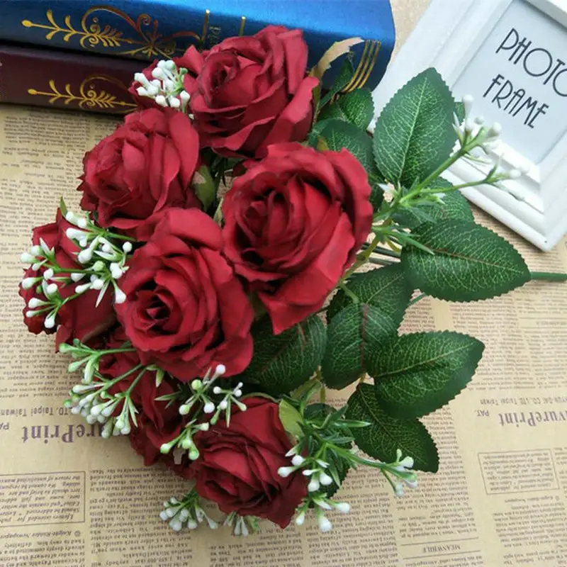 제조 업체 도매 하이 퀄리티 모의 빨간 장미 꽃다발 12 머리 가정 결혼식 장식