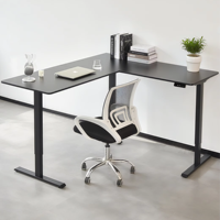 Bureau d'angle électrique moderne en L, construction métal-bois, poste de travail ergonomique assis-debout pour bureau à domicile, écologique