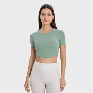 Señoras 2024 verano cuello redondo manga corta delgada recortada Yoga camiseta transpirable colores sólidos personalizado acanalado activo Crop Top