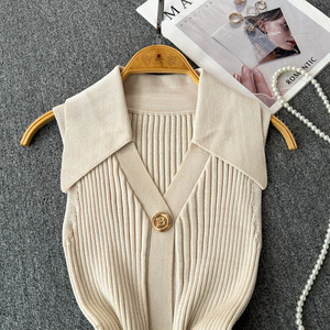 Chaleco de punto corto con cuello polo, diseño delgado de verano para mujer, a la moda - Product Image 4