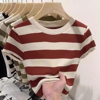 Haut tricoté à manches courtes pour femme, nouvelle collection été, coupe classique, col rond, confortable, décontracté, à rayures contrastées