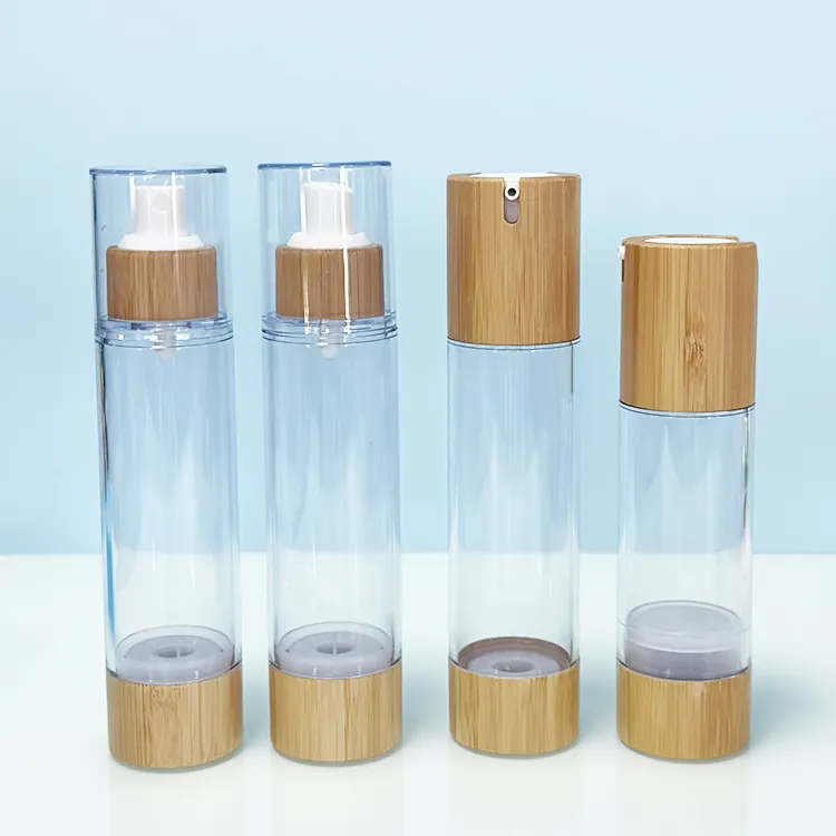 Özelleştirilmiş tasarım çevre dostu 5g 10g 15g kaplamalı püskürtücü krem bambu havasız losyon pompalı şişeler cam kozmetik ambalaj