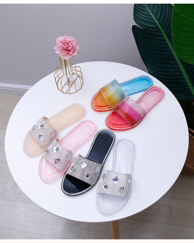 Summer Beach Slippers Ladies Crystal Rhinestone Sandals Women PVC Flat Slides Shoes