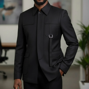 Trajes Negros de Lujo para Hombre, Corte Slim, Solapa Mao, Traje de 2 Piezas (Chaqueta y Pantalón), Conjuntos Completos Personalizables - Product Image 1