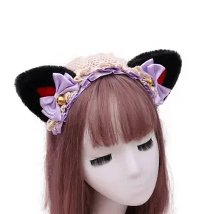 Furry bunny rabbit ears clips bowknot lolita maid lace cat ear headband accessory kitty fancy dress kawaii neko kitten ears bow