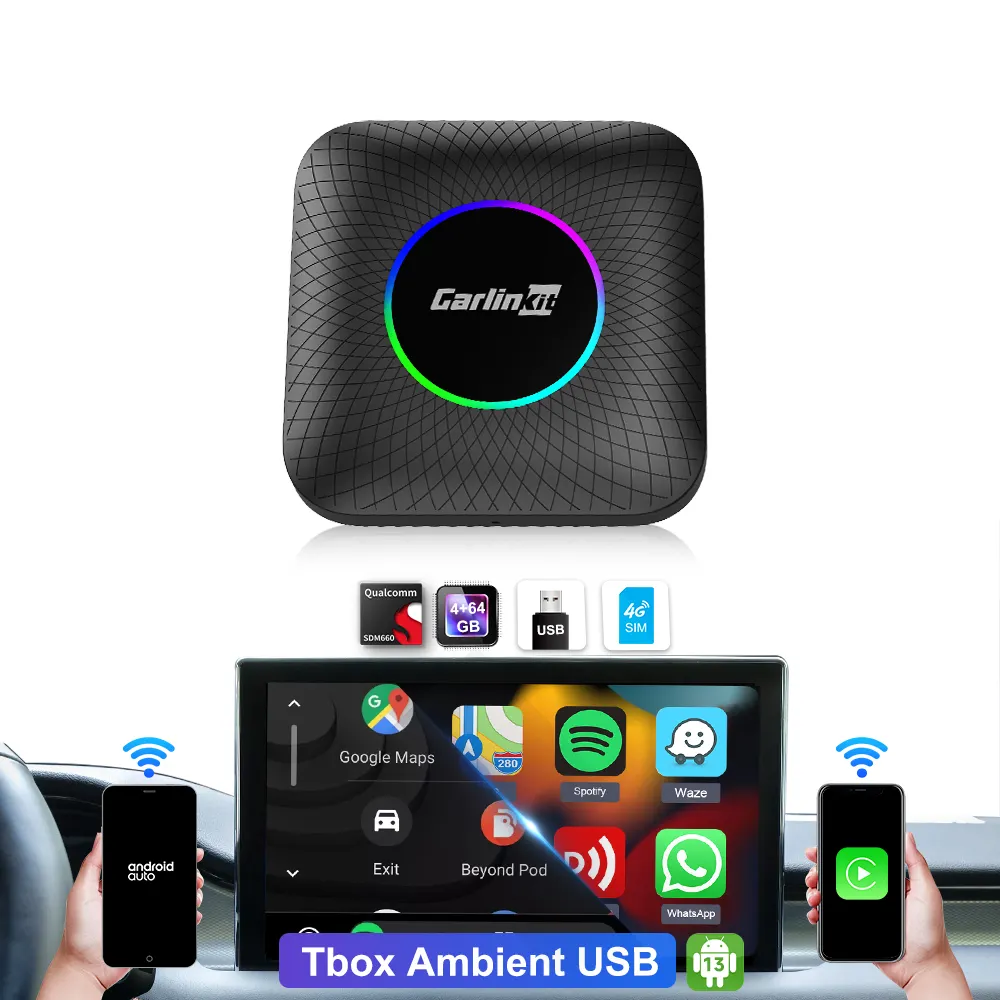 Carlink Android Auto Carplay 64gb AI Box Dongle GPS Navigation Accessories tbox ambient led Transmission Adapter 5GHz WiFi