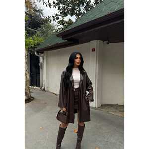 Manteau trench en cuir marron pour femme, doublure en fausse fourrure, rembourrage en coton, imperméable, imprimé, décontracté pour l'automne et l'hiver - Product Image 6