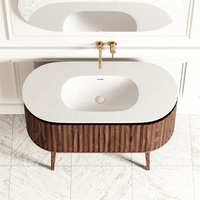 Ensemble de meuble de salle de bain incurvé avec lavabo intégré en céramique, meuble de salle de bain moderne en bois massif