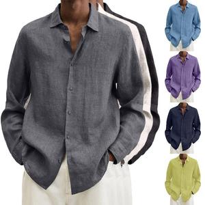 Vente chaude toutes saisons chemise à manches longues col en V lâche bouton coton et lin Cardigan chemise pour hommes - Product Image 1