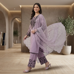 Conjunto de 3 piezas de kurta y palazzo rectos en morado lavanda, estilo indio-pakistaní, informal, para fiestas, de algodón, salwar kameez. - Product Image 1