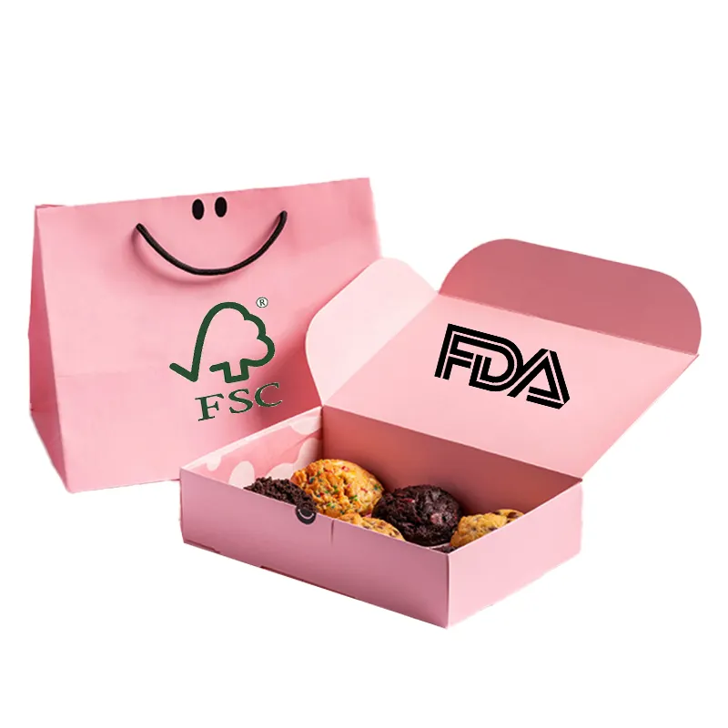 Logo personalizzato all'ingrosso imballaggio da forno per uso alimentare carta rosa Mochi confezione di ciambelle scatole per biscotti con consegna di pasta per biscotti con sacchetti