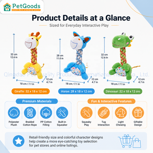 Jouet en peluche durable pour chien avec couineur, motifs girafe, poney, dinosaure pour détaillants de magasins d'animaux et partenaires de vente en gros - Product Image 2