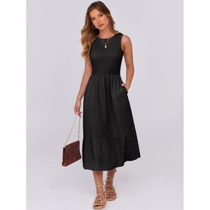 FOXA Women Midi Dress High Neck Sleeveless Knitted A-Line Casual Beach Dress With Pockets Breathable Summer Wear - Product Image 4