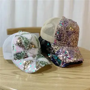 Payet Paillette Bling Shinning Mesh Topi Bisbol Mencolok Cukup Dapat Disesuaikan Topi Perempuan Wanita untuk Pertemuan Klub Pesta