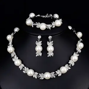Perles rondes De Mariée Bracelet Collier Boucles D'oreilles Bijoux Ensembles de Mariée Accessoires De Mariage