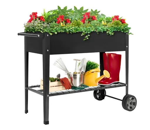 Приподнятая садовая грядка, металлический мобильный приподнятый ящик для растений с колесами и полкой для хранения для посадки на открытом воздухе